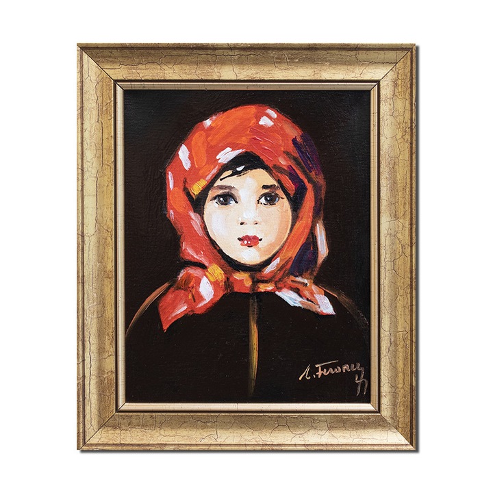 Tablou pictat manual inramat dormitor, living, hol, Fetita cu basma rosie 4, 30x25cm ulei panza, reproducere Nicolae Grigorescu