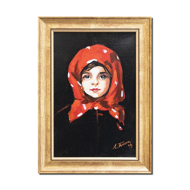 Tablou pictat manual inramat dormitor, living, hol, Fetita cu basma rosie 1, 35x25cm ulei panza, reproducere Nicolae Grigorescu