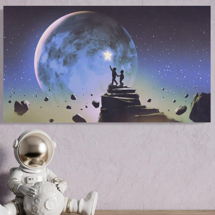 Tablou Canvas Premium, LuxCanva® C1078, Stea Stralucitoare Pe Luna, 80 X 140 CM, Panza Bumbac 100% 400g/m2, Sasiu Lemn, Stea, Luna, Copii, Camera Copilului, Living Room, Relaxare, Culori Vibrante