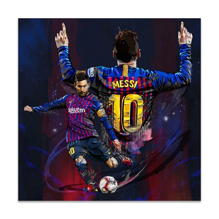 Първокласна картина на платно, LuxCanva® A1345, Лионел Меси, 90 X 90 CM, 100% памучно платно 400g/m2, Дървено шаси, Златна топка, Футболист, Легенда, Стая за игри, Живи цветове