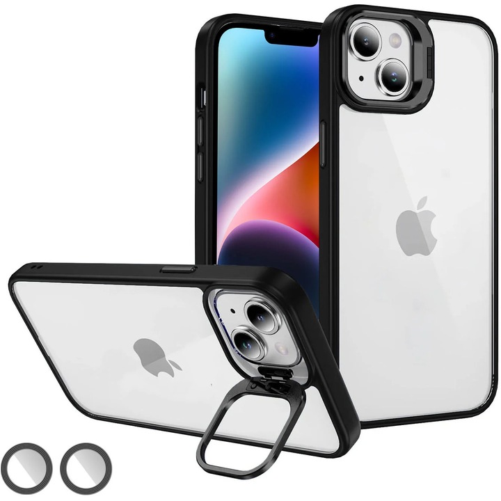 Daden® tok és kamerafólia készlet iPhone 14-hez, gyűrűtartó, ütésálló, prémium minőségű, átlátszó, fekete szélekkel