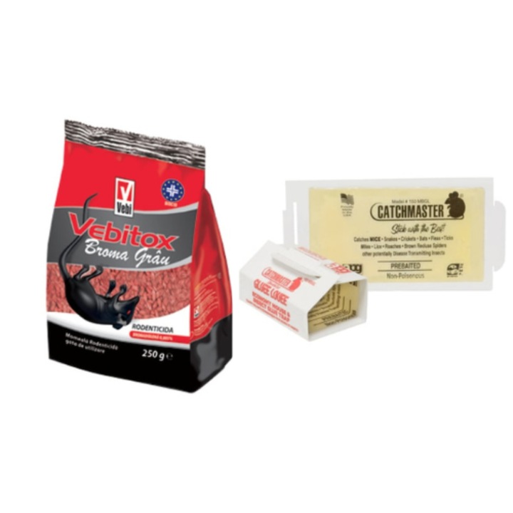 Set Otrava pentru soareci si sobolani Vebitox Grau 250 gr + Capcana CatchMaster 150MB, adeziv soareci, 5 bucati