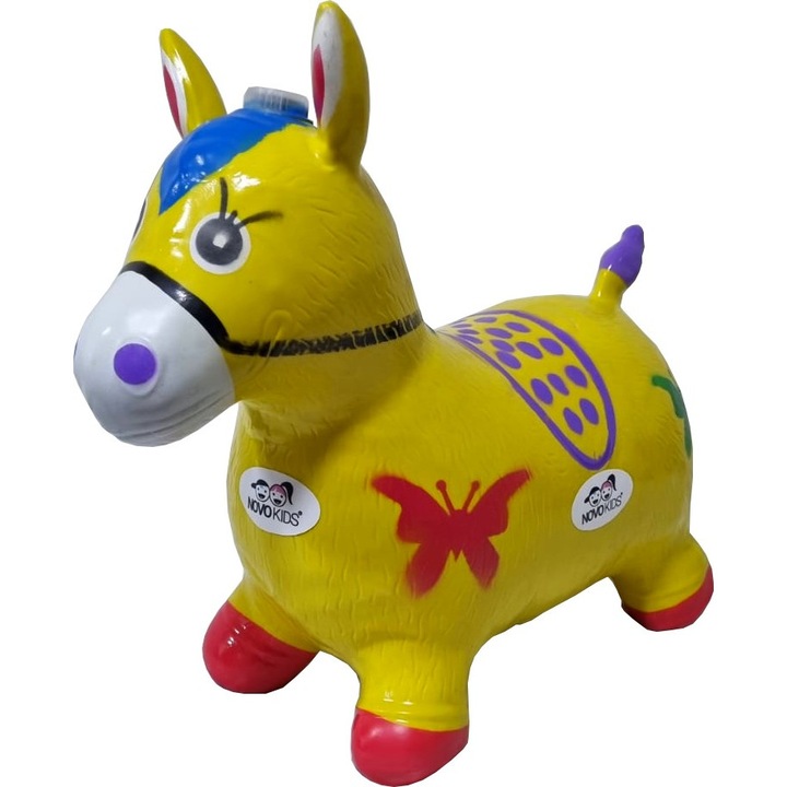 Calut de sarit gonflabil NOVOKIDS™ Jumping Donkey, Cu sunete si lumini, Dimensiuni 55X50X25 cm, Pentru interior si exterior, Max 50 kg, Galben
