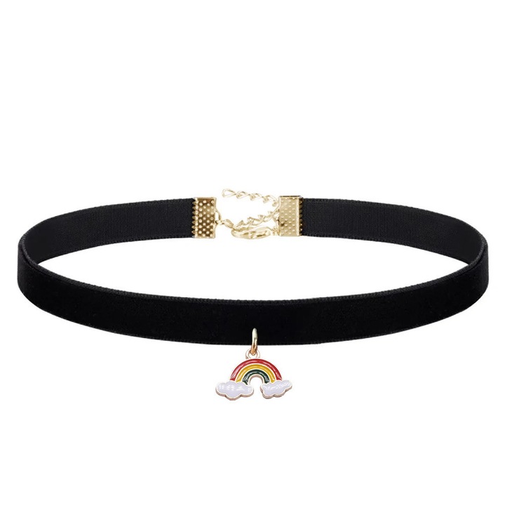 Colier choker din panglica de catifea neagra si medalion curcubeu cu norisori Negru