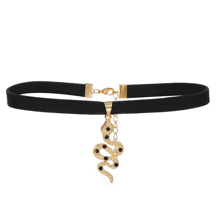 Colier choker din piele ecologica si medalion cu sarpe Auriu