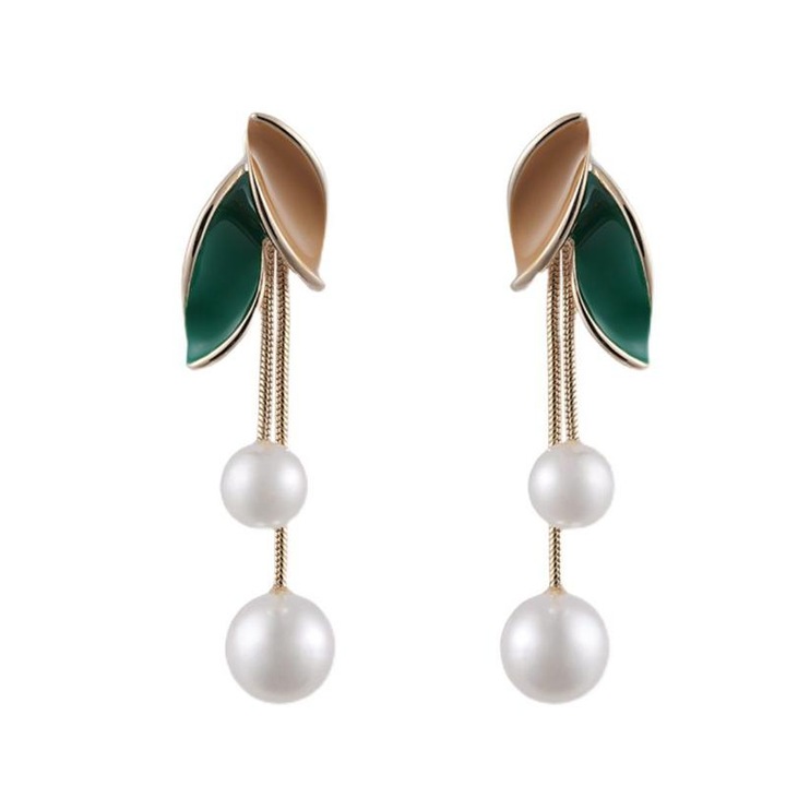 Cercei dama, model tineresc cu margele, accesorizati cu frunze elegante, lungi, tematica I feel fancy, aurii, EFAYN