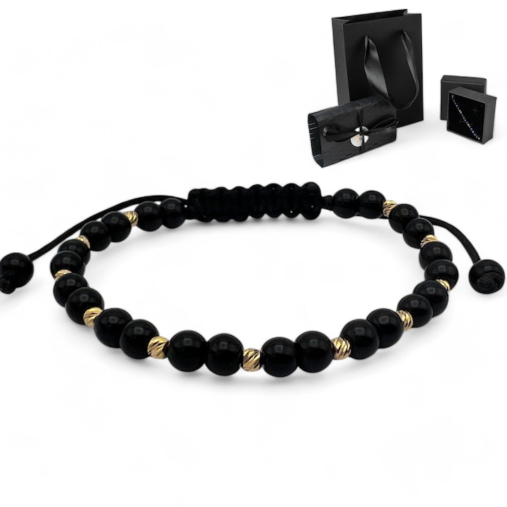 Bratara cu bile Aur 14k & Onix Lucios 2 Arpatia + Cutie de Bijuterii Cadou