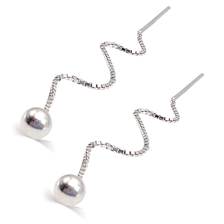 Cercei Argint Lungi cu Lant si bila Shiny + Cutie Bijuterii Cadou