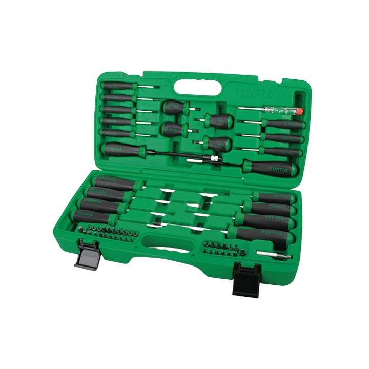 Trusa 58 surubelnite si biti Toptul, adaptor insurubare, cu creion tensiune, cutie depozitare