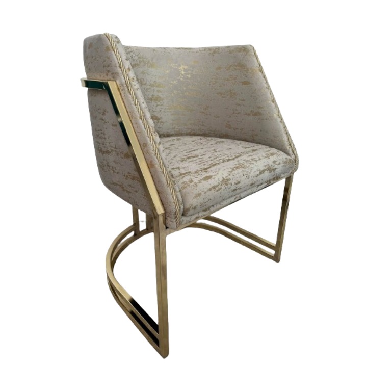 Set 6 scaune dining/bucatarie Ruby, cadru din otel inoxidabil aurii lucioase, tapiterie material textil brocat grej cu insertii aurii, 62x53x80cm