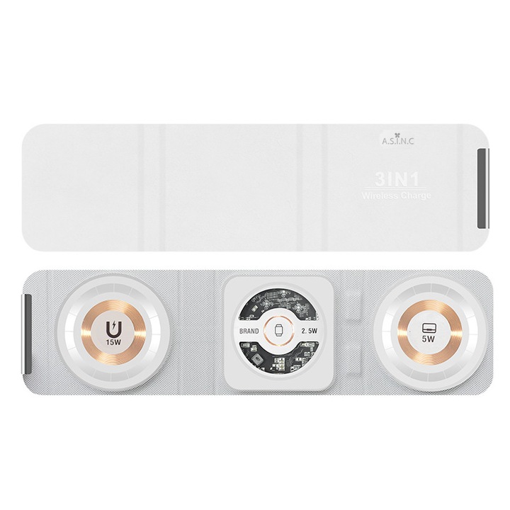 Incarcator telefon wireless 3 in 1 A.S.I.N.C, alb, pliabil, material piele ecologica, abs, magnet, dimensiuni pliat 85x80x25 mm, greutate 120 g