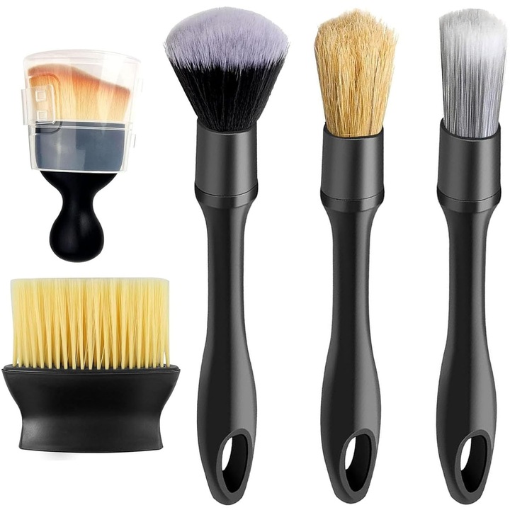 Set perii, Axroad Mall, 5 piese, Design ergonomic, Rezistent la uzura, Pentru detailing si curatare interior-exterior auto, ventilatie, jante si spatii greu accesibile, ABS/PP, Dimensiuni diferite, Negru