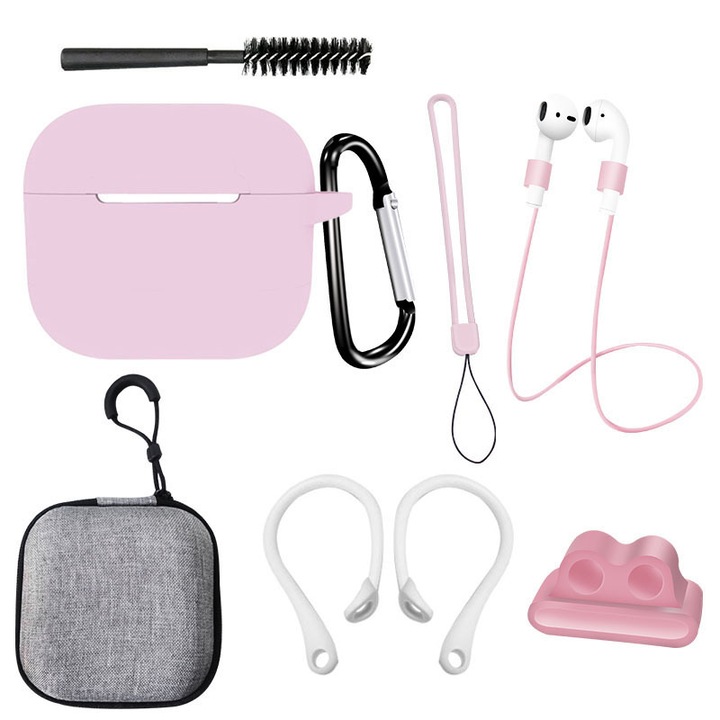 Set husa de protectie cu accesorii pentru castile Bluetooth de a treia generatie Apple, Silicon, Roz