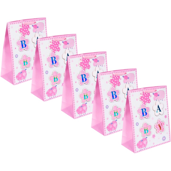 Set 5 x Punga cadou din hartie, Baby, 26x14x32cm, roz