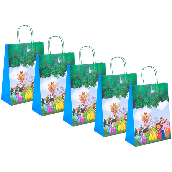 Set 5 x Punga cadou din hartie, Animale, 26x35x12cm