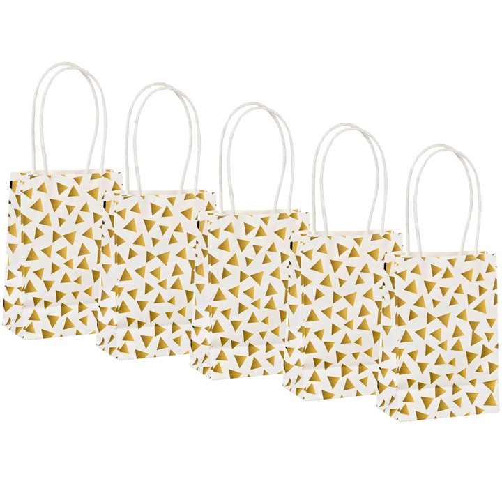 Set 5 x Punga cadou hartie, 11 x 6 x 14cm, alb-auriu