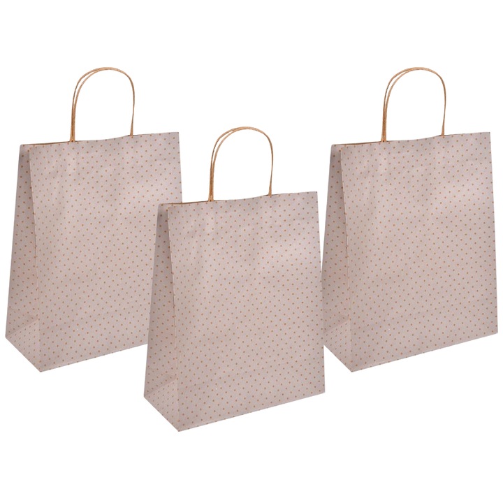 Set 3 x Punga cadou din hartie, imprimeu buline, 26x12x32cm, bej-maro