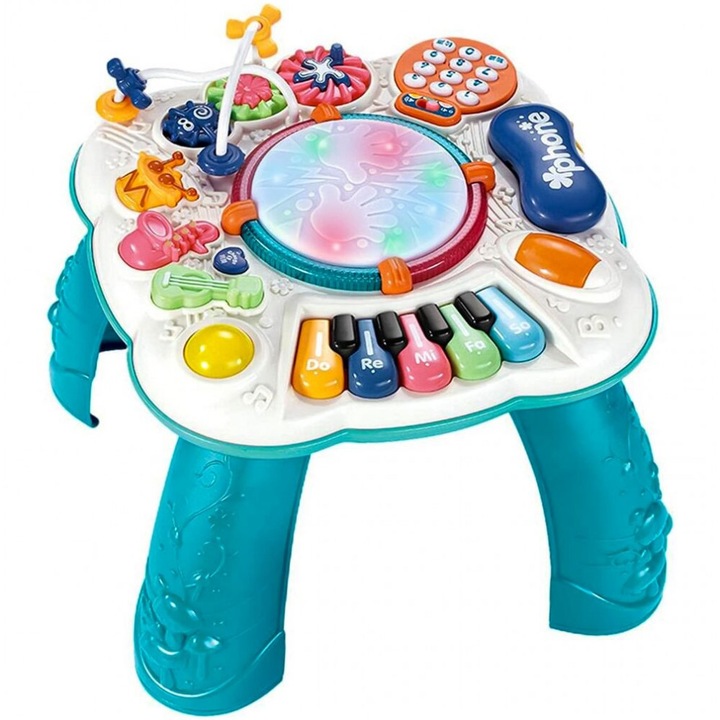 Masuta educationala interactiva cu 8 functii in 1, cu telefon cu butoane numerotate, tambur luminos si pian, 33 x 32 cm, blue
