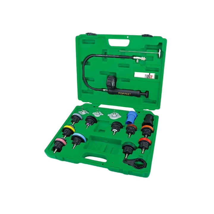 Комплект за тестване на налягането на охладителната система Toptul, индикатор 0 - 2,5 бара, 13 адаптера, 2 конектора, кутия за съхранение