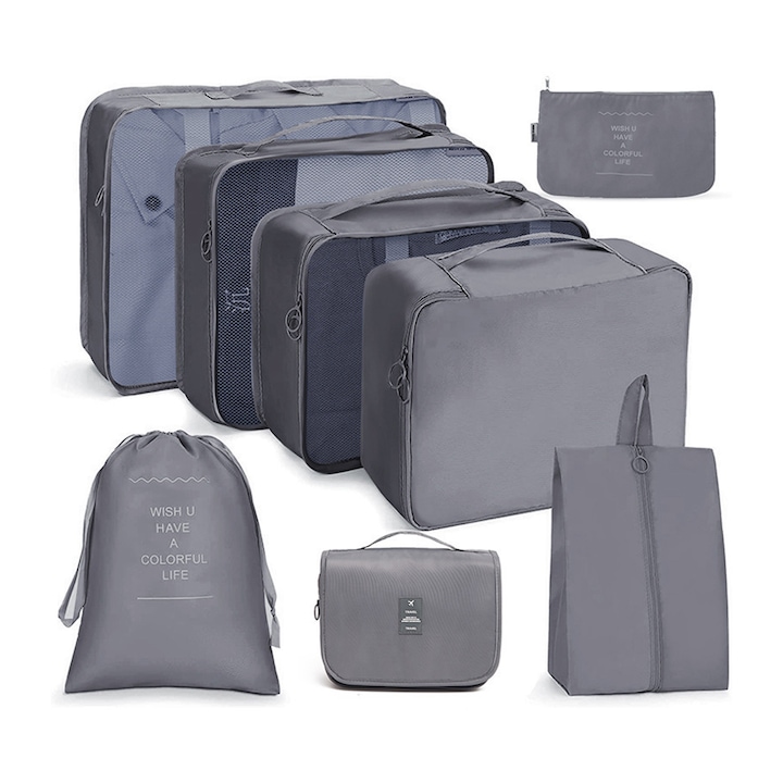 Комплект от 8 органайзера за пътуване Teno®, различни размери, 3 мрежести чанти, 1 чанта за бельо, чанта за козметика, чанта за мръсни дрехи, затваряне с двоен цип, мрежа, сиво