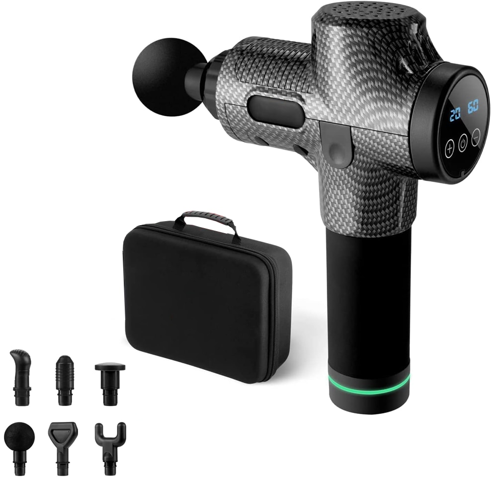 Aparat Profesional pentru Masaj tip Pistol Teno®, 30 viteze, motor silentios fara perii, 3200 percutii, sistem racire, 2500mAh, 6 capete, incarcare rapida, geanta pentru depozitare, negru