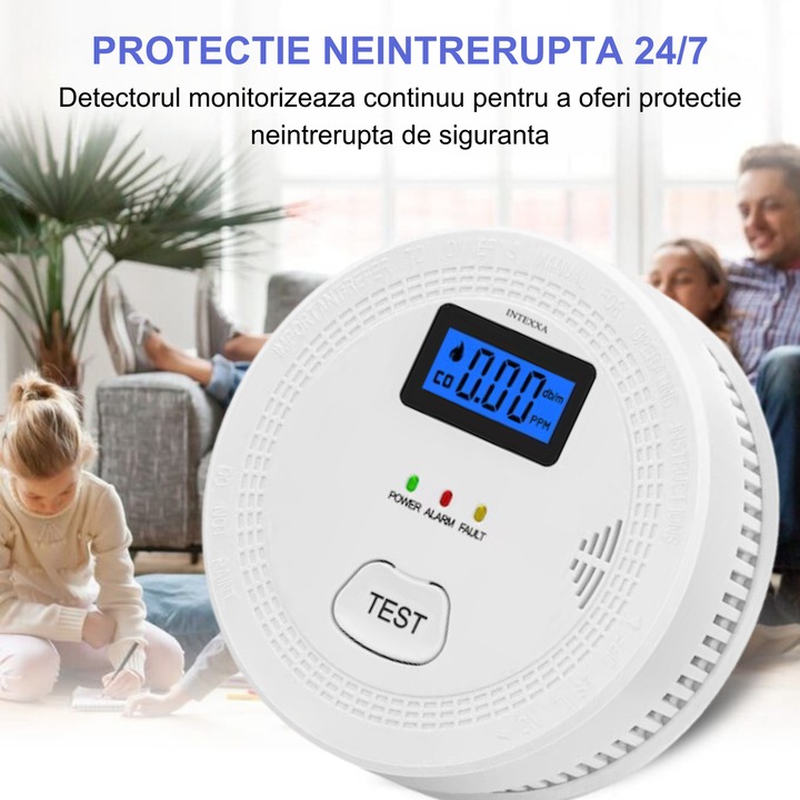 INTEXXA® 2 в 1 детектор за въглероден окис и дим, LED индикатор за състояние, двоен електрохимичен + фотоелектричен сензор, LCD дисплей за наблюдение на концентрацията на газ в реално време, звуково предупреждение, захранване с батерия, бял