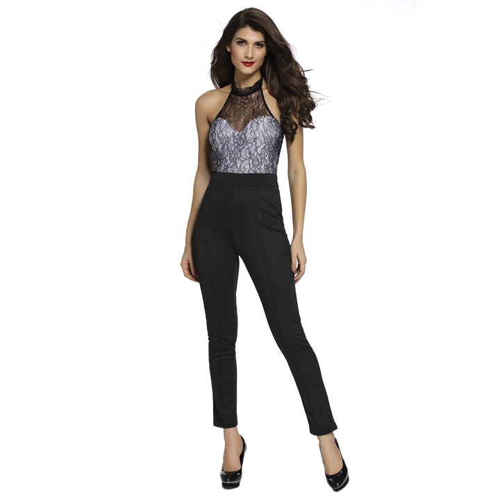 Елегантен дамски гащеризон, WildFashion, Полиестер, Черен/Бял, Бял/Черен