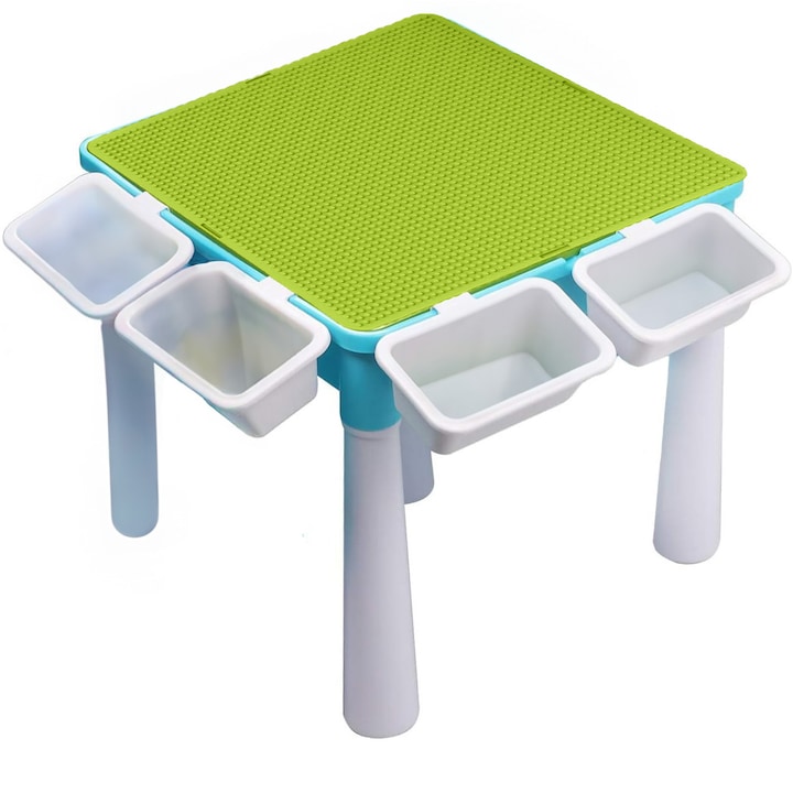 Masa pentru copii, pentru diferite activitati, joaca sau luat masa, la interior sau exterior, durabila si usora, din material plastic ABS, cu margini rotunjite, culoare alb - albastru, 43 x 43 x 45 cm - Pitikot®