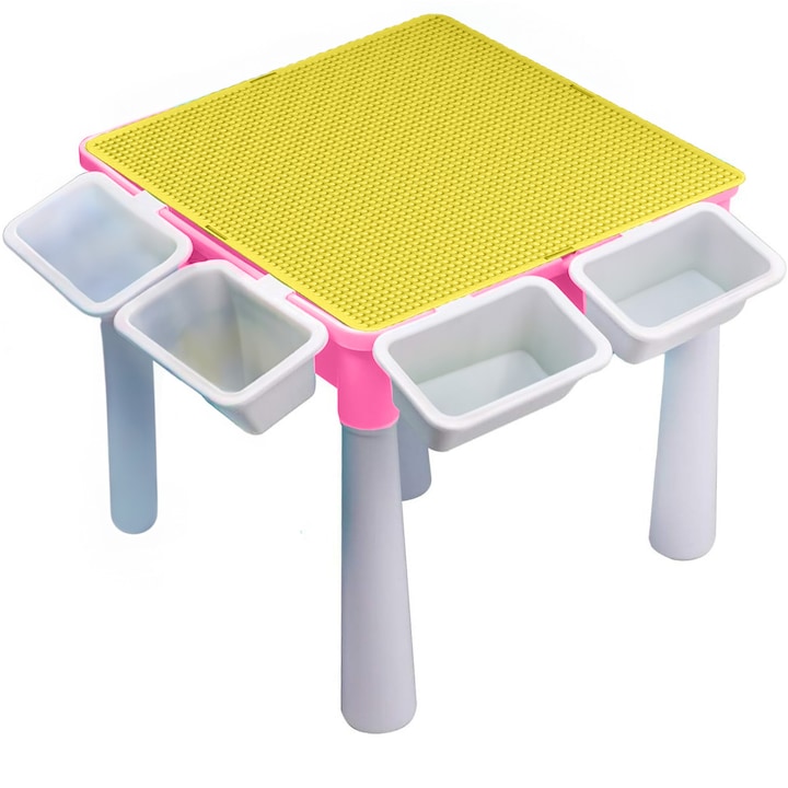 Masa pentru copii, pentru diferite activitati, joaca sau luat masa, la interior sau exterior, durabila si usora, din material plastic ABS, cu margini rotunjite, culoare alb - roz, 43 x 43 x 45 cm - Pitikot®