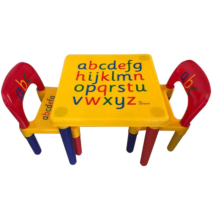 Set Masa cu 2 Scaune pentru copii, pentru diferite activitati, joaca sau luat masa, la interior sau exterior, durabila si usora, din material plastic ABS, cu margini rotunjite, multicolor - Pitikot®