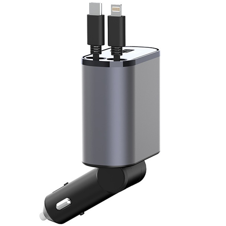 Behúzható gyors autós töltő, két visszahúzható kábellel és két USB és USB-C kimeneti porttal, egy négyre, gyorstöltés, alumínium ötvözet, Vaxiuja, fekete