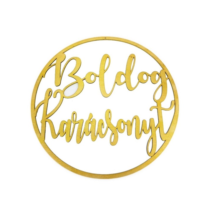 Lemn natural - Craciun Fericit in cerc auriu 37cm