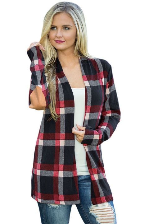 Cardigan in carouri cu model pe maneci, Rosu/Bleumarin