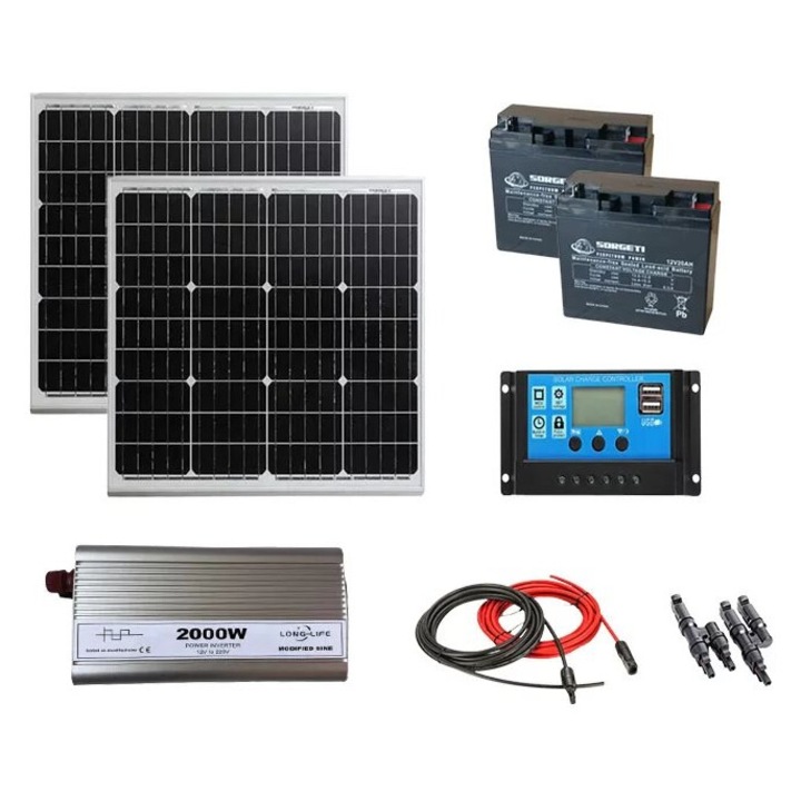 Kit fotovoltaic solar off-grid 60 W cu 2 panouri de 30 W, invertor sinus modificat 2000W 12V, controller 20A, 2 baterii solare AGM 20 Ah, cabana, rulota, locuri izolate, container, Solid Volt