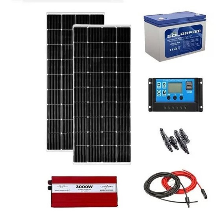 Kit fotovoltaic solar off-grid 400 W cu 2 panouri de 200 W, invertor sinus modificat 3000W 12V, controller 40A, baterie solara AGM 100 Ah, cabana, rulota, locuri izolate, container, Solid Volt