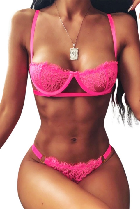 Set 2 piese lenjerie sexi din dantela - sutien chilot, Fucsia