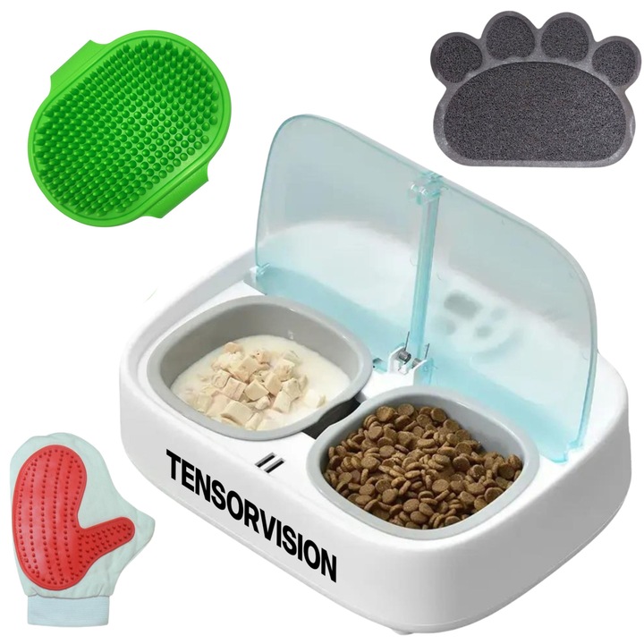 Hranitor Automat Inteligent TENSORVISION, pentru catei si pisici, Temporizator si Aplicatie Smartphone TUYA, 2X Boluri 335 ml cu Racitor, Covoras antistropire, Perie si Manusa de ingrijire incluse