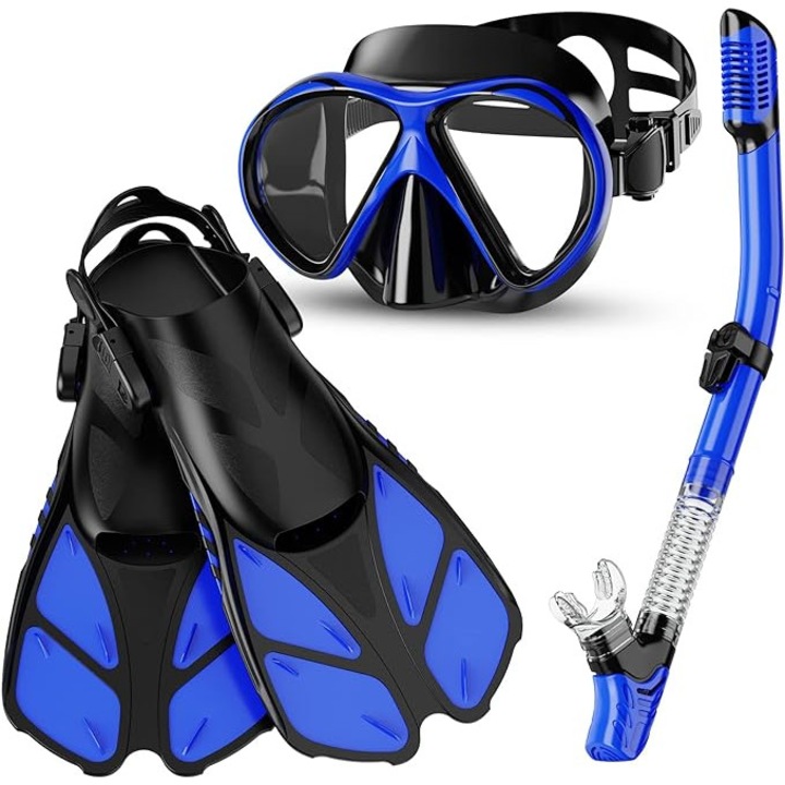 Set Snorkeling Albastru inchis Smyidel, Inotatoare ajustabile, Ochelari anti-aburire si Tub