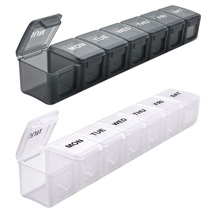 Set 2 cutie pastile, Axroad Mall, Organizator medicamente saptamanal, 7 compartimente, Cu capac si sistem inchidere, Rezistent la apa, Portabila, Usor de curatat, Plastic, 22.6x3.3x3.4cm, Negru/Transparent