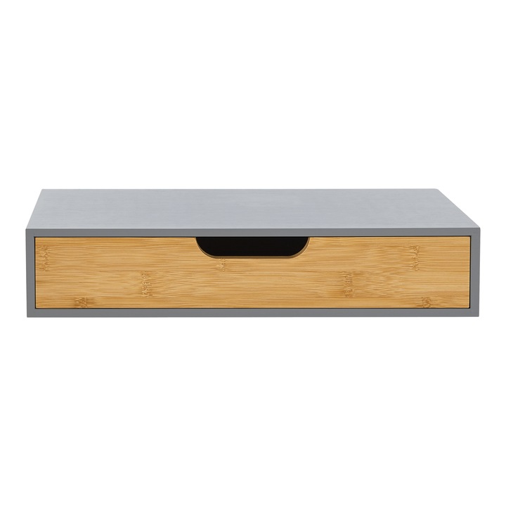 Raft, en.casa, PXNB-0503 Bokn, 40 x 24 x 8 cm, bambus, gri, natur, montabil pe perete, cu sertar