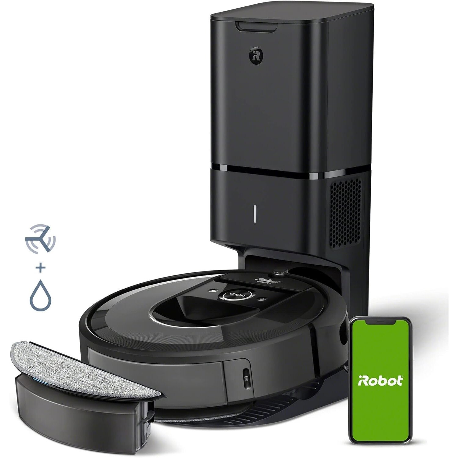 Robot de aspirare iRobot Roomba i8+ (i8576) aspirator si mop, statie de golire automata, WiFi, control prin aplicatie, Smart Mapping, compatibil Alexa, Google si Siri, rezervor de 210ml, curatare in 4 pasi, bariera virtuala, negru