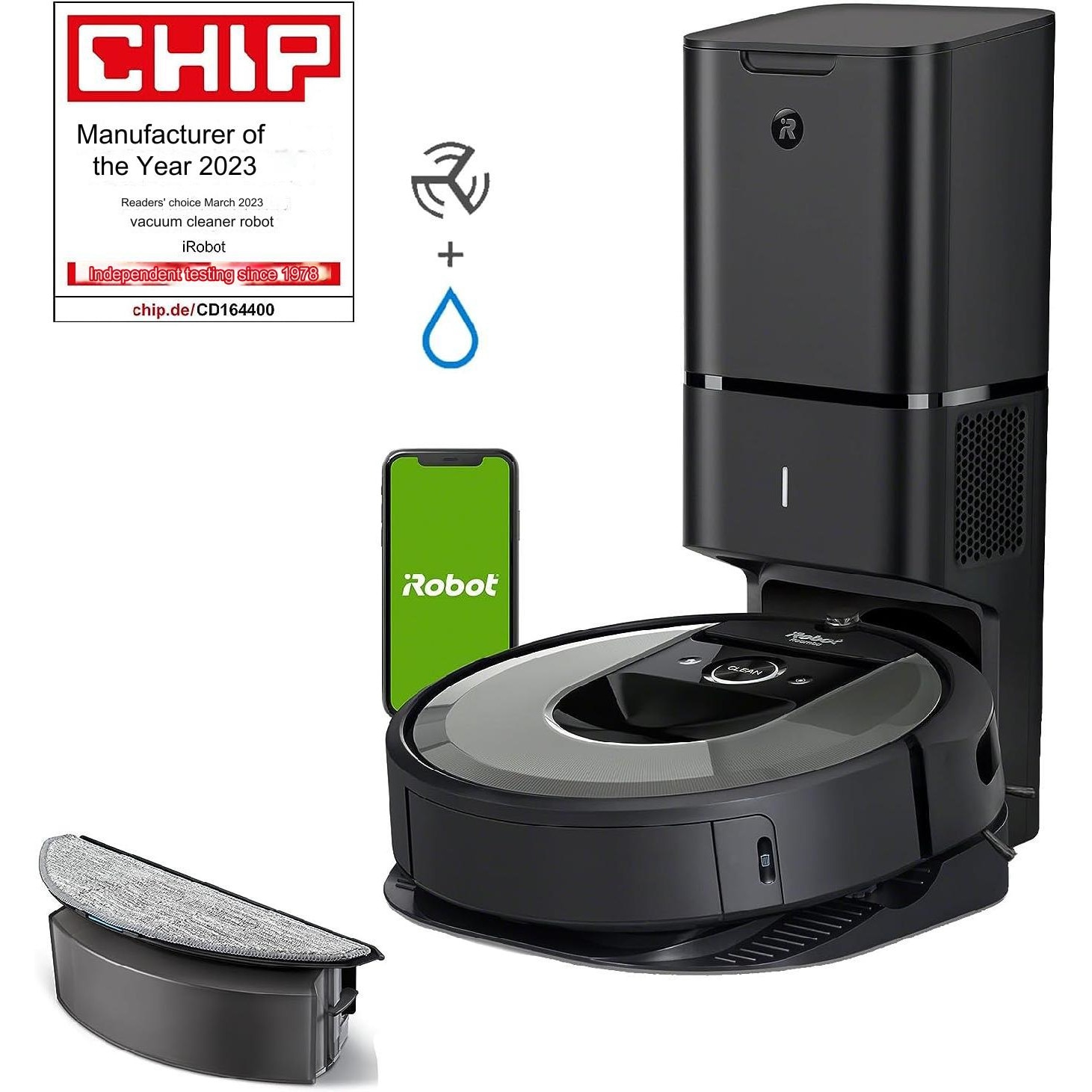 Robot de aspirare iRobot Roomba i8+ (i8576) aspirator si mop, statie de golire automata, WiFi, control prin aplicatie, Smart Mapping, compatibil Alexa, Google si Siri, rezervor de 210ml, curatare in 4 pasi, bariera virtuala, negru