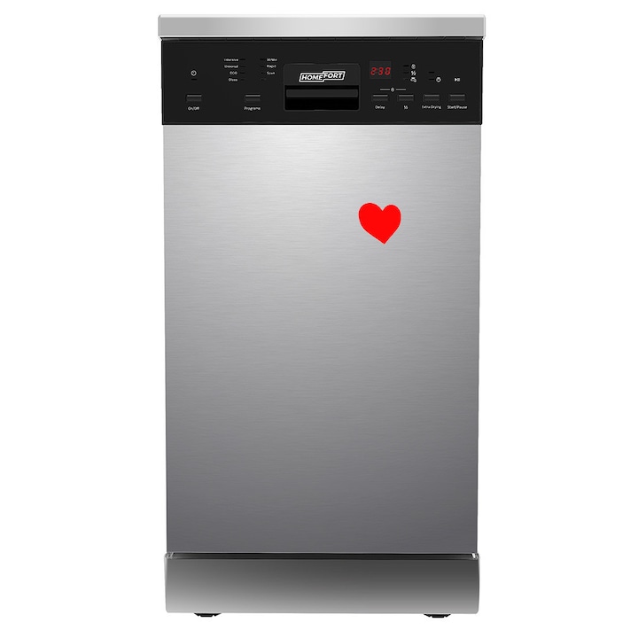 Mașină de spălat vase independentă, HOMEFORT 10 seturi, consum 8 L, 7 programe, nivel zgomot 47 dB, clasa energetică E, Tavă superioară pentru tacâmuri, 45 cm, Display digital