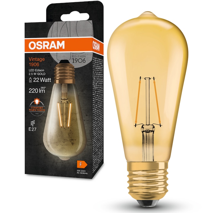 Крушка LED OSRAM Vintage 1906 GOLD Edison E27, 2.5W (22W), 220 lm, Топла светлина (2400K), Енергиен клас F