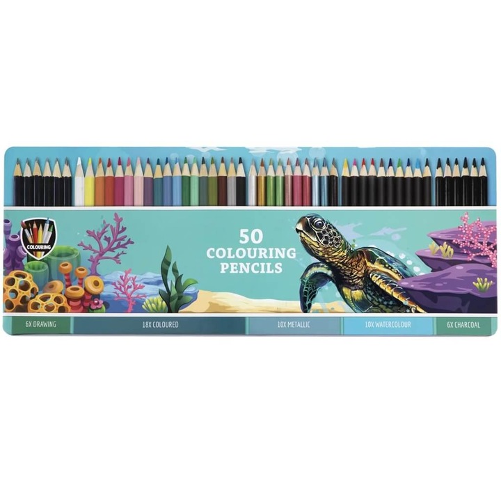 Set 50 creioane colorate in cutie metalica