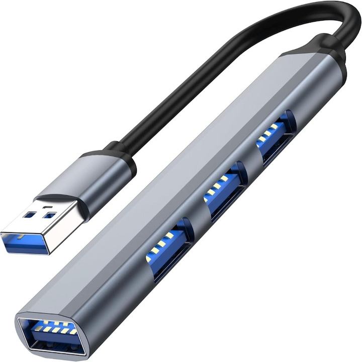 Hub Adaptor USB Multiport 4 in 1 Velixo®, USB 3.0, Plug&Play, Compatibil cu Macbook, Laptop, PC, Protectie Supracurent, Portabil, din Aluminiu, Cablu 14 cm, Gri