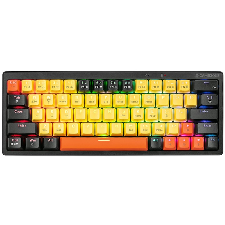 Клавиатура, Tracer EVO3 Hot Swap 63, GameZone, механична, RGB осветление, US, кабелна/безжична, черно-жълто
