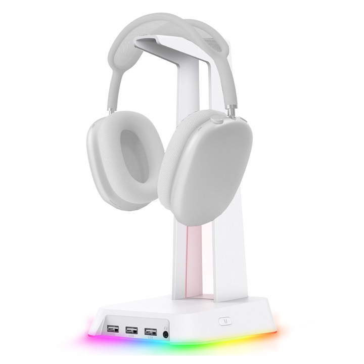 Suport casti gaming cu lumina RGB, 3 porturi USB, Anti-Slip, Alb