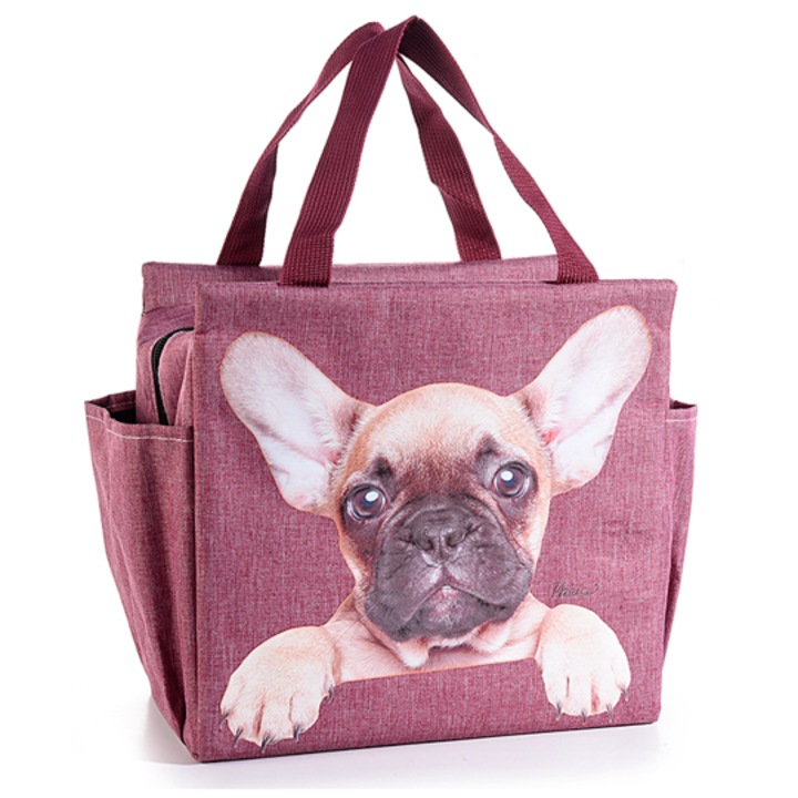 Термо чанта за обяд със странични джобове, дръжки и цип, 26 х 14 х 25 см, "Офис куче", бордо