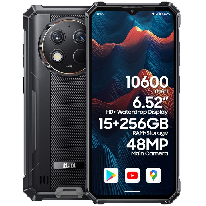 Смартфон iHunt TITAN P15000 Ultra, 10600mAh Fast-Charge, 6.52-inch Screen, 15GB + 256GB, Camera 48MP, 4G, Android 13, черен